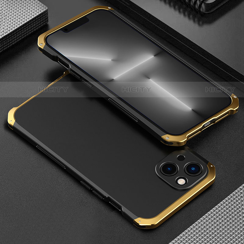 Funda Lujo Marco de Aluminio Carcasa 360 Grados para Apple iPhone 14 Plus Oro y Negro