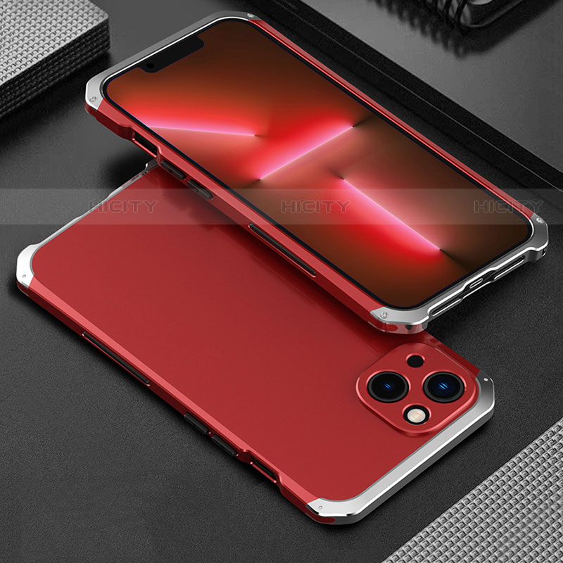 Funda Lujo Marco de Aluminio Carcasa 360 Grados para Apple iPhone 14 Plus Plata y Rojo