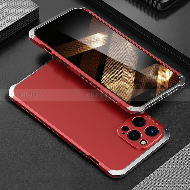 Funda Lujo Marco de Aluminio Carcasa 360 Grados para Apple iPhone 14 Pro Plata y Rojo