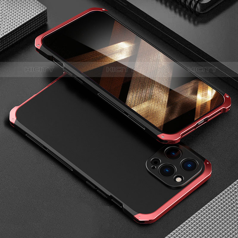 Funda Lujo Marco de Aluminio Carcasa 360 Grados para Apple iPhone 16 Pro Max Rojo y Negro