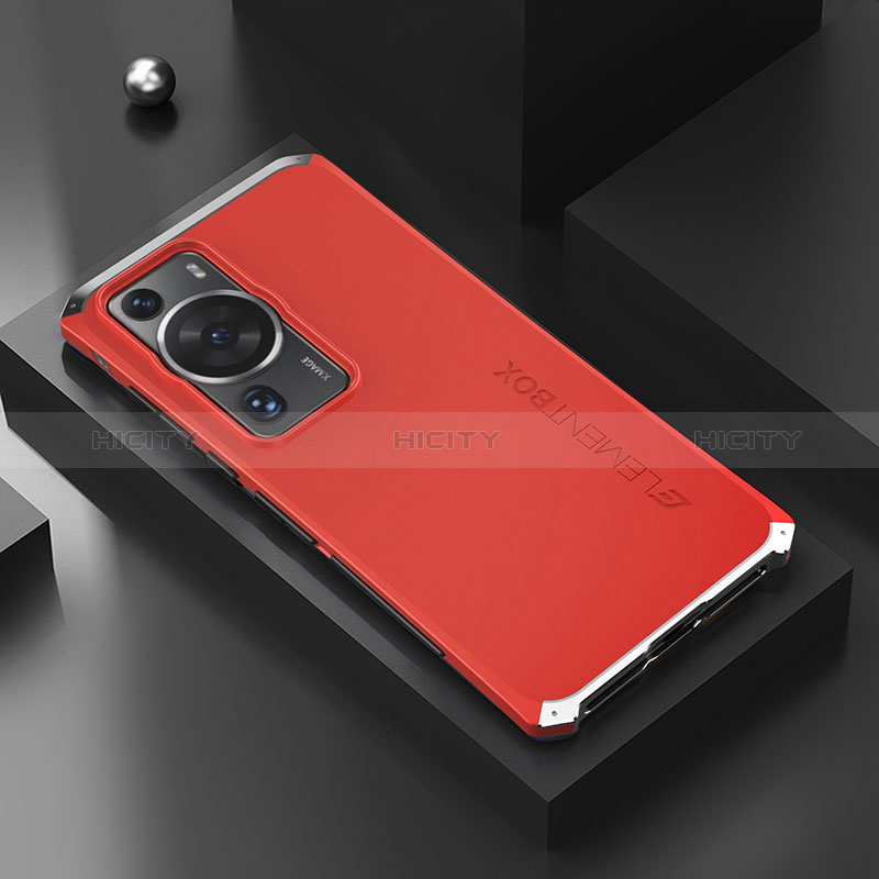 Funda Lujo Marco de Aluminio Carcasa 360 Grados para Huawei P60 Pro Plata y Rojo