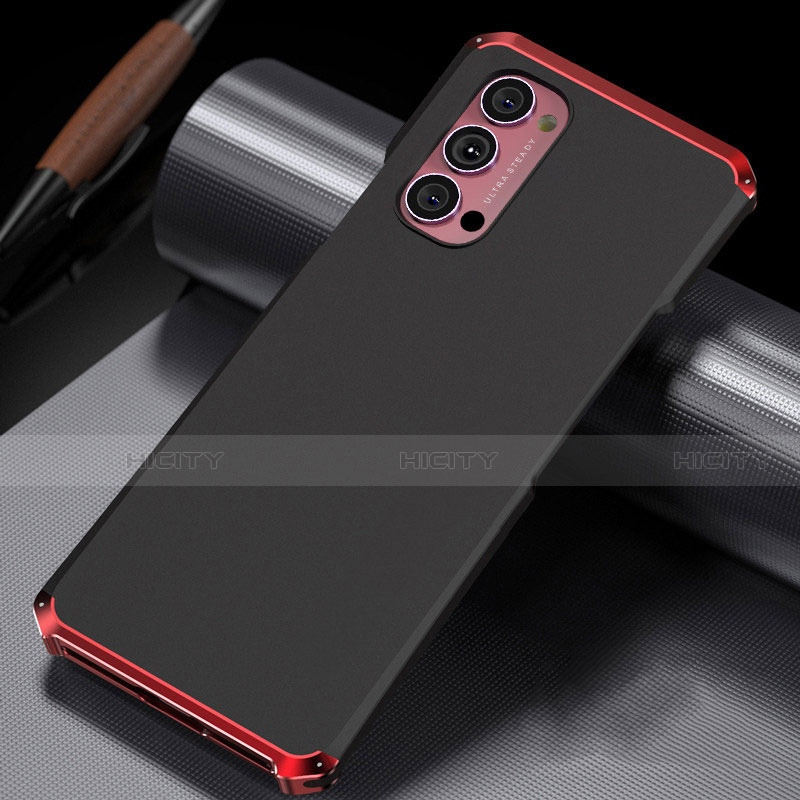 Funda Lujo Marco de Aluminio Carcasa T02 para Oppo Reno4 5G Rojo y Negro