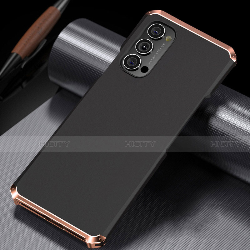 Funda Lujo Marco de Aluminio Carcasa T02 para Oppo Reno4 Pro 5G Oro y Negro