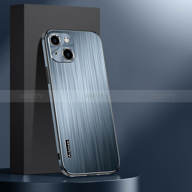 Funda Lujo Marco de Aluminio y Silicona Carcasa Bumper AT1 para Apple iPhone 13 Azul Claro
