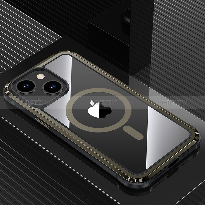 Funda Lujo Marco de Aluminio y Silicona Carcasa Bumper con Mag-Safe Magnetic QC1 para Apple iPhone 13 Negro