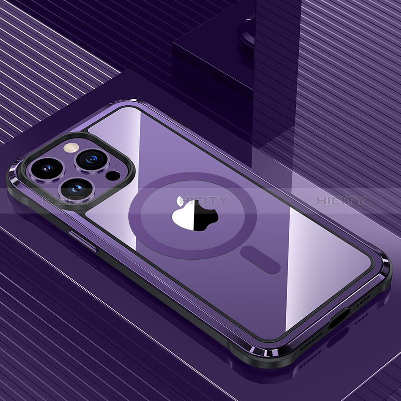 Funda Lujo Marco de Aluminio y Silicona Carcasa Bumper con Mag-Safe Magnetic QC1 para Apple iPhone 13 Pro Max Morado