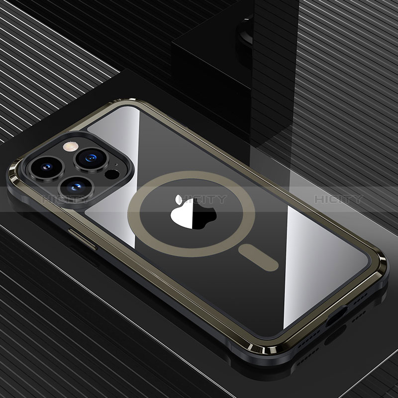 Funda Lujo Marco de Aluminio y Silicona Carcasa Bumper con Mag-Safe Magnetic QC1 para Apple iPhone 13 Pro Negro