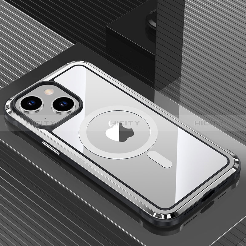 Funda Lujo Marco de Aluminio y Silicona Carcasa Bumper con Mag-Safe Magnetic QC1 para Apple iPhone 14 Plata