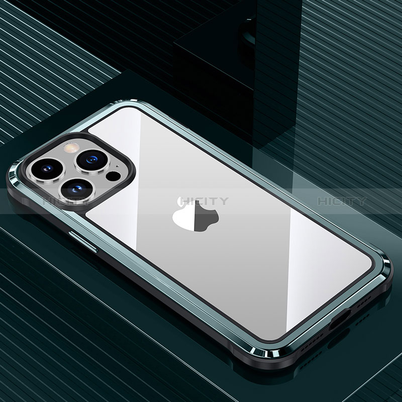Funda Lujo Marco de Aluminio y Silicona Carcasa Bumper QC1 para Apple iPhone 13 Pro Max Cian