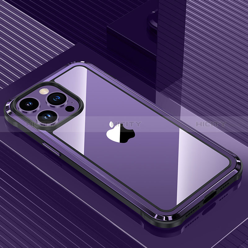 Funda Lujo Marco de Aluminio y Silicona Carcasa Bumper QC1 para Apple iPhone 13 Pro Morado