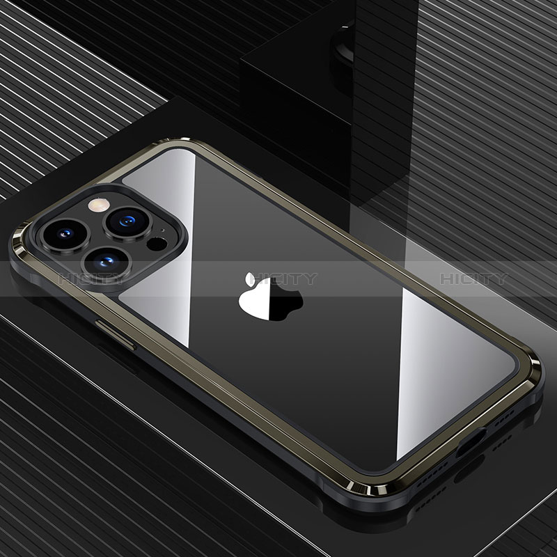 Funda Lujo Marco de Aluminio y Silicona Carcasa Bumper QC1 para Apple iPhone 13 Pro Negro