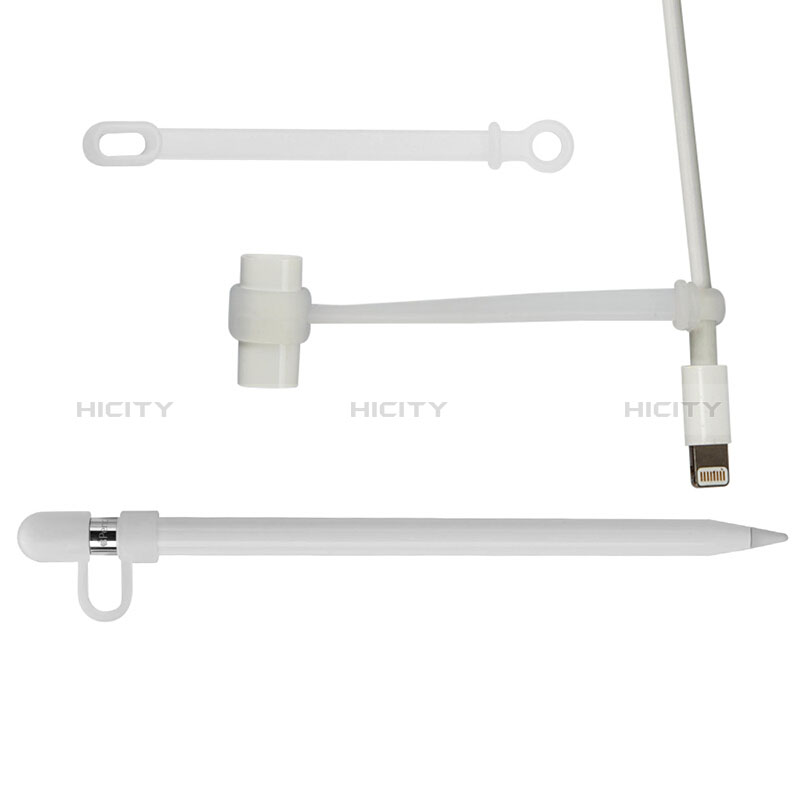 Funda Silicona Cap Tapa Soporte Cable Lightning Adaptador Tether Anti-Perdido para Apple Pencil Blanco