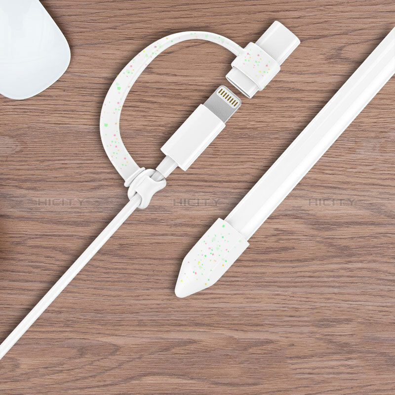 Funda Silicona Cap Tapa Soporte Punta Cubierta Cable Lightning Adaptador Tether Anti-Perdido P01 para Apple Pencil Blanco