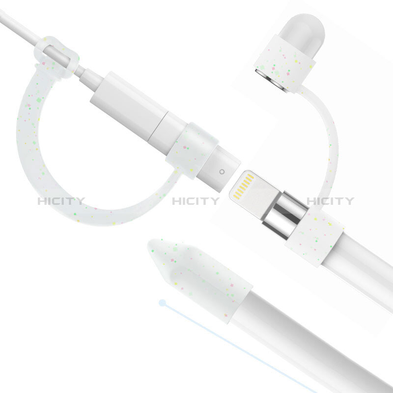 Funda Silicona Cap Tapa Soporte Punta Cubierta Cable Lightning Adaptador Tether Anti-Perdido P01 para Apple Pencil Blanco