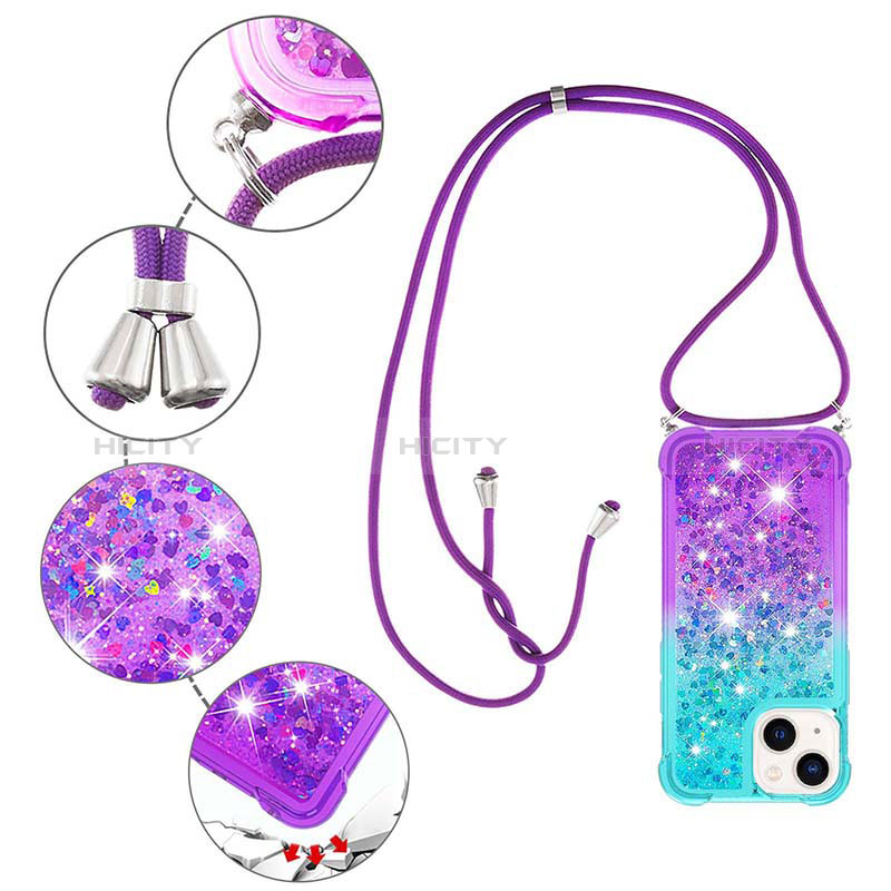 Funda Silicona Carcasa Goma Bling-Bling con Acollador Cordon Lanyard S01 para Apple iPhone 13