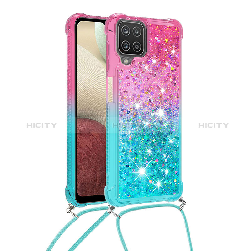 Funda Silicona Carcasa Goma Bling-Bling con Acollador Cordon Lanyard S01 para Samsung Galaxy M12 Rosa