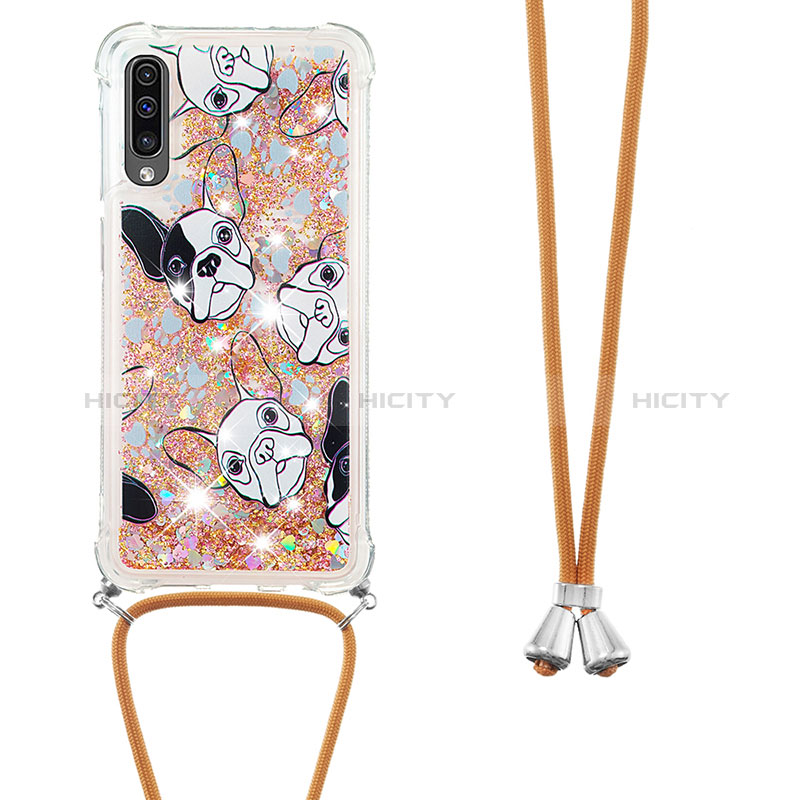 Funda Silicona Carcasa Goma Bling-Bling con Acollador Cordon Lanyard S02 para Samsung Galaxy A50S Oro