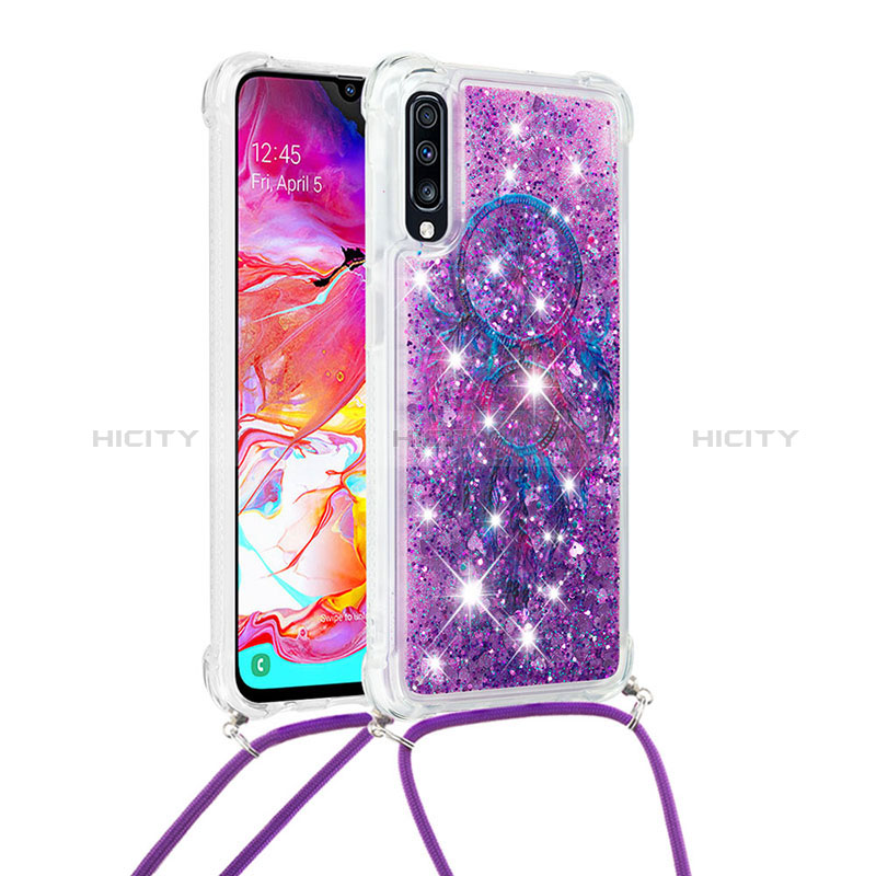 Funda Silicona Carcasa Goma Bling-Bling con Acollador Cordon Lanyard S02 para Samsung Galaxy A70S Morado