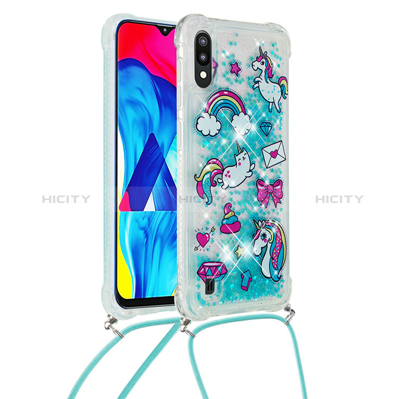 Funda Silicona Carcasa Goma Bling-Bling con Acollador Cordon Lanyard S02 para Samsung Galaxy M10 Azul Cielo