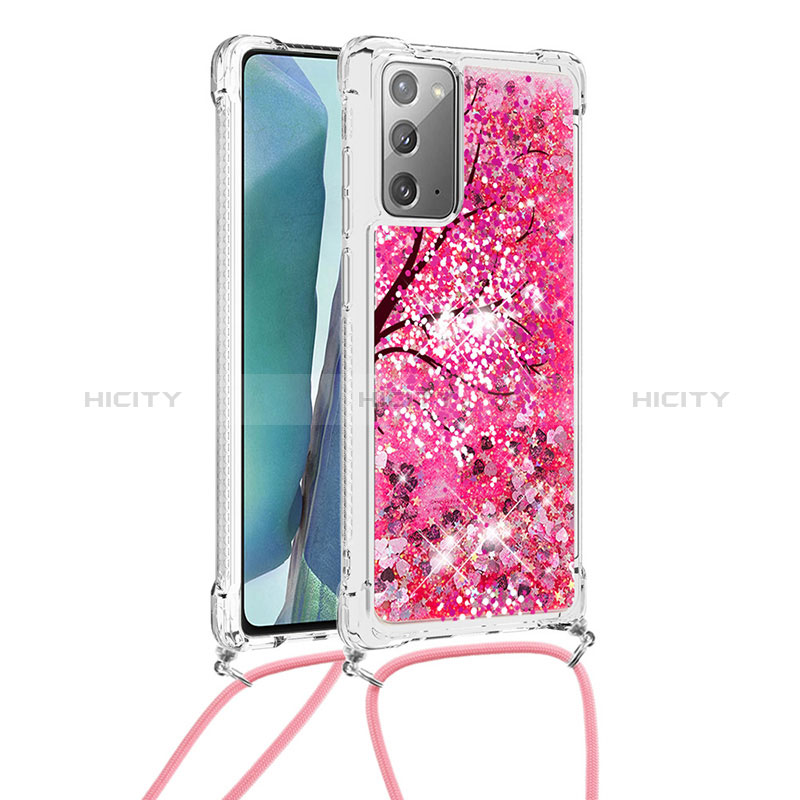 Funda Silicona Carcasa Goma Bling-Bling con Acollador Cordon Lanyard S02 para Samsung Galaxy Note 20 5G Rosa Roja
