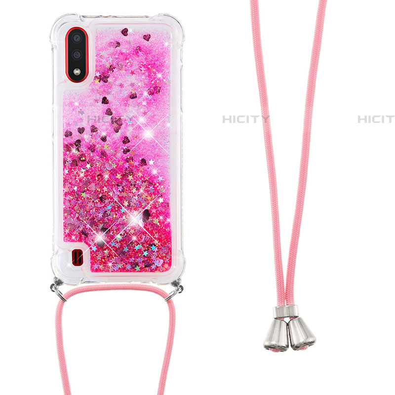 Funda Silicona Carcasa Goma Bling-Bling con Acollador Cordon Lanyard S03 para Samsung Galaxy A01 SM-A015 Rosa Roja