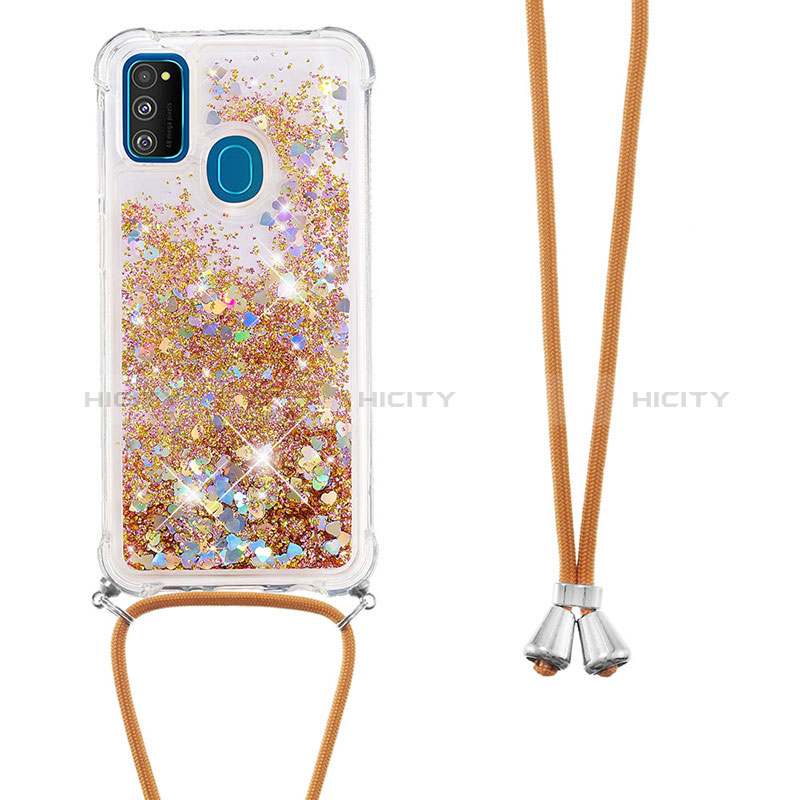 Funda Silicona Carcasa Goma Bling-Bling con Acollador Cordon Lanyard S03 para Samsung Galaxy M30s Oro