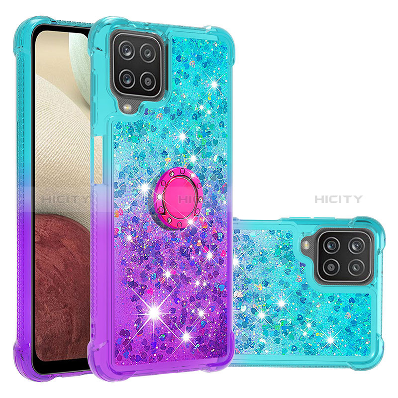 Funda Silicona Carcasa Goma Bling-Bling con Anillo de dedo Soporte S02 para Samsung Galaxy A12 Nacho Azul Cielo