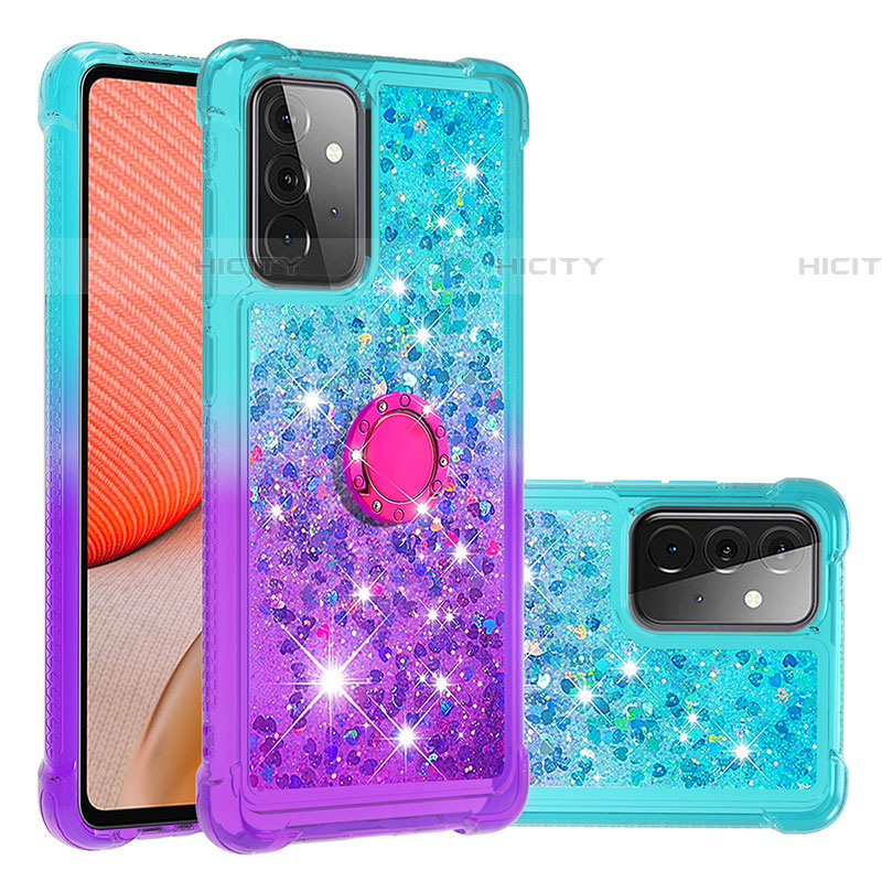 Funda Silicona Carcasa Goma Bling-Bling con Anillo de dedo Soporte S02 para Samsung Galaxy A72 5G Azul Cielo