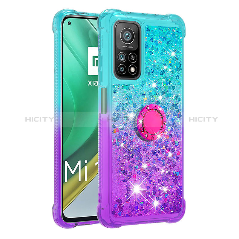 Funda Silicona Carcasa Goma Bling-Bling con Anillo de dedo Soporte S02 para Xiaomi Mi 10T 5G Azul Cielo