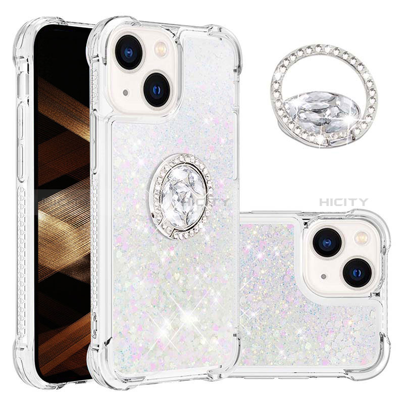 Funda Silicona Carcasa Goma Bling-Bling con Anillo de dedo Soporte S03 para Apple iPhone 13 Plata