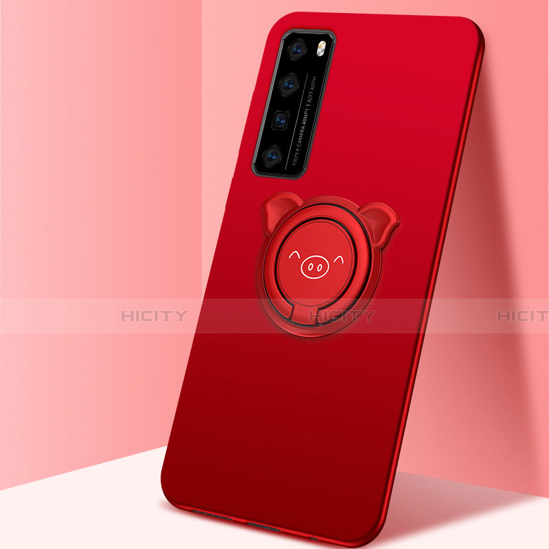 Funda Silicona Carcasa Ultrafina Goma con Magnetico Anillo de dedo Soporte A01 para Huawei Nova 7 5G Rojo
