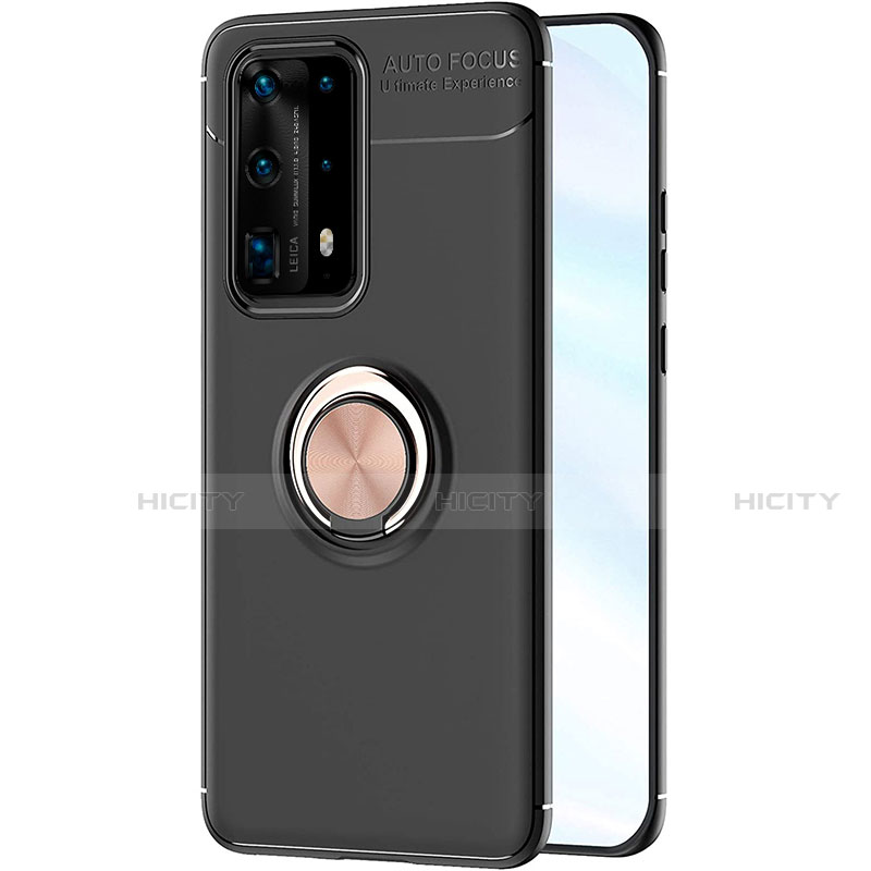 Funda Silicona Carcasa Ultrafina Goma con Magnetico Anillo de dedo Soporte A01 para Huawei P40 Pro+ Plus Oro y Negro