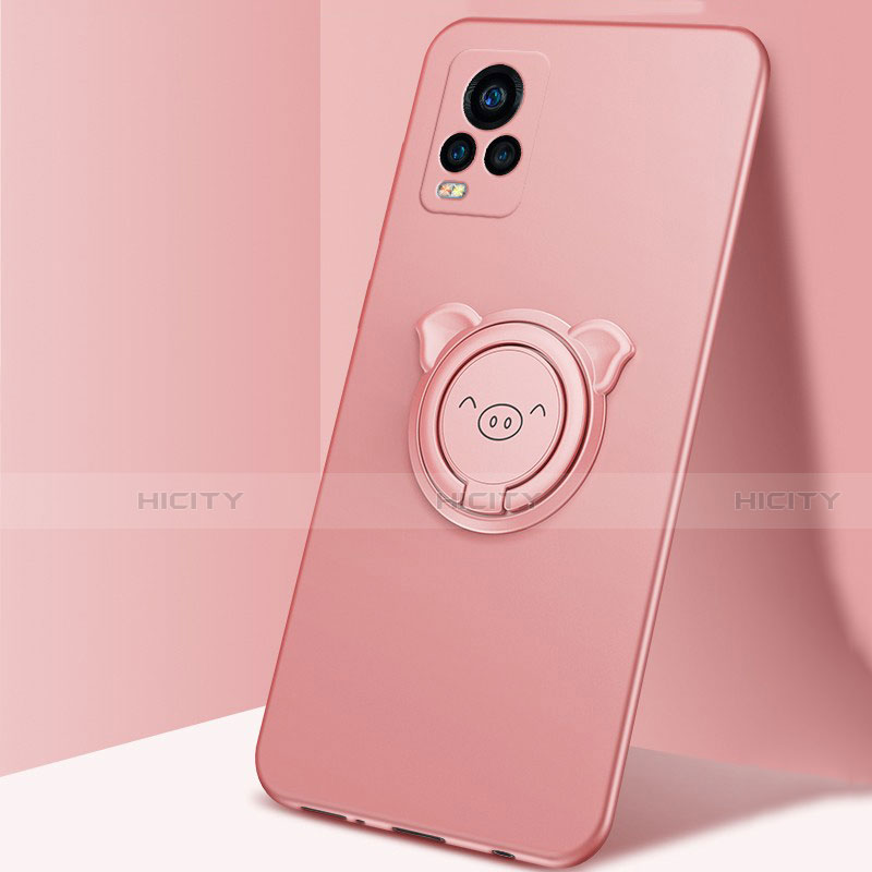 Funda Silicona Carcasa Ultrafina Goma con Magnetico Anillo de dedo Soporte A01 para Vivo V20 Pro 5G Oro Rosa