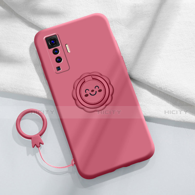 Funda Silicona Carcasa Ultrafina Goma con Magnetico Anillo de dedo Soporte A01 para Vivo X50 5G Rojo Rosa