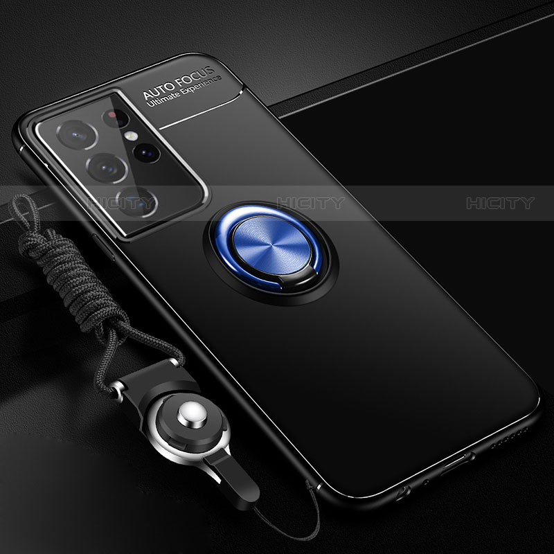 Funda Silicona Carcasa Ultrafina Goma con Magnetico Anillo de dedo Soporte A02 para Samsung Galaxy S21 Ultra 5G Azul y Negro
