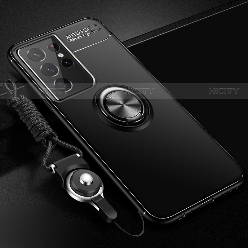Funda Silicona Carcasa Ultrafina Goma con Magnetico Anillo de dedo Soporte A02 para Samsung Galaxy S21 Ultra 5G Negro