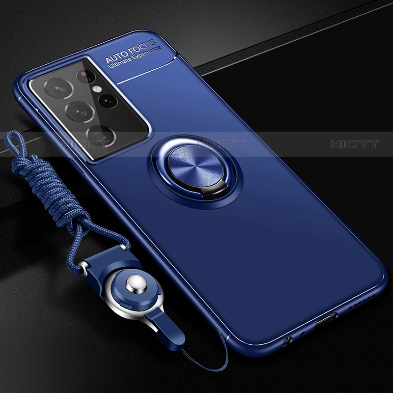 Funda Silicona Carcasa Ultrafina Goma con Magnetico Anillo de dedo Soporte A02 para Samsung Galaxy S22 Ultra 5G Azul