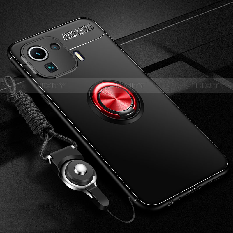 Funda Silicona Carcasa Ultrafina Goma con Magnetico Anillo de dedo Soporte A02 para Xiaomi Mi 11 Pro 5G Rojo y Negro