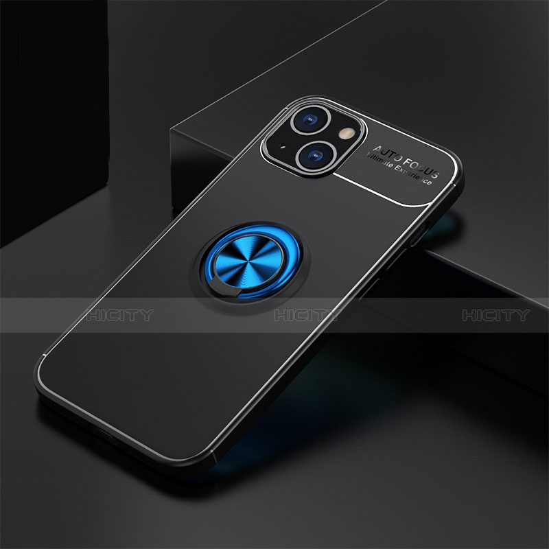 Funda Silicona Carcasa Ultrafina Goma con Magnetico Anillo de dedo Soporte A05 para Apple iPhone 13 Mini Azul y Negro