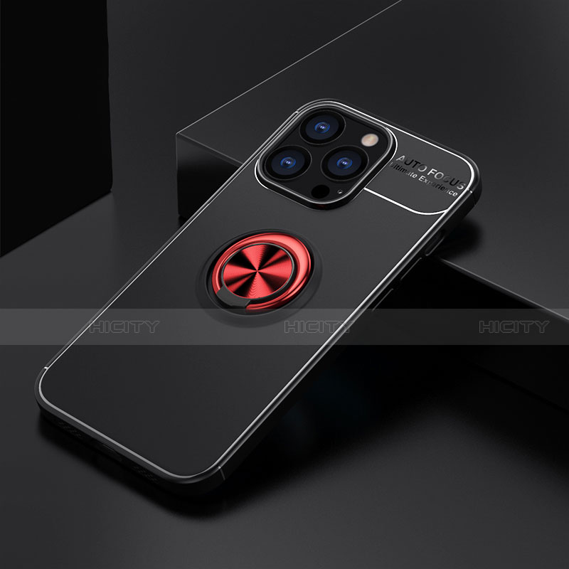 Funda Silicona Carcasa Ultrafina Goma con Magnetico Anillo de dedo Soporte A05 para Apple iPhone 13 Pro Max Rojo y Negro