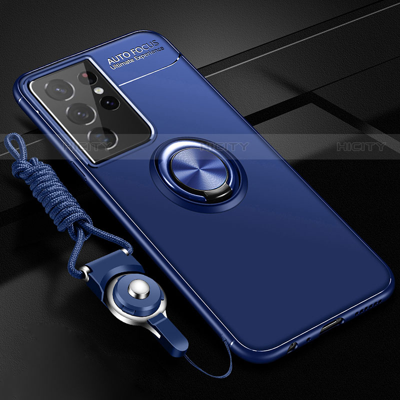 Funda Silicona Carcasa Ultrafina Goma con Magnetico Anillo de dedo Soporte A05 para Samsung Galaxy S21 Ultra 5G Azul