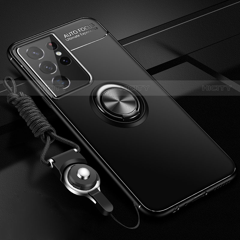 Funda Silicona Carcasa Ultrafina Goma con Magnetico Anillo de dedo Soporte A05 para Samsung Galaxy S21 Ultra 5G Negro