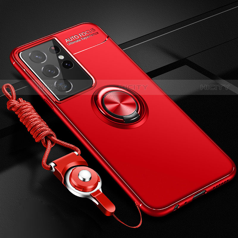 Funda Silicona Carcasa Ultrafina Goma con Magnetico Anillo de dedo Soporte A05 para Samsung Galaxy S21 Ultra 5G Rojo