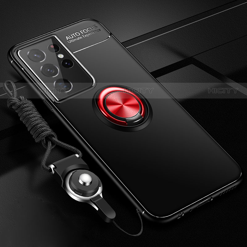 Funda Silicona Carcasa Ultrafina Goma con Magnetico Anillo de dedo Soporte A05 para Samsung Galaxy S21 Ultra 5G Rojo y Negro