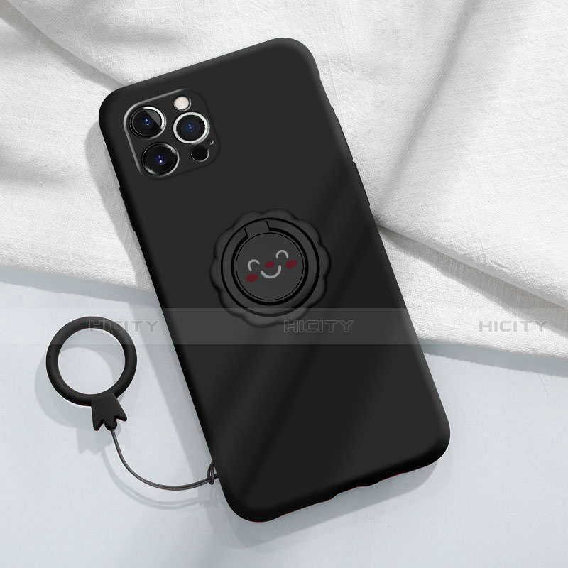 Funda Silicona Carcasa Ultrafina Goma con Magnetico Anillo de dedo Soporte A06 para Apple iPhone 13 Pro Negro