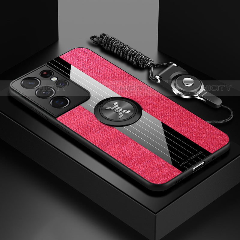 Funda Silicona Carcasa Ultrafina Goma con Magnetico Anillo de dedo Soporte A06 para Samsung Galaxy S21 Ultra 5G Rojo