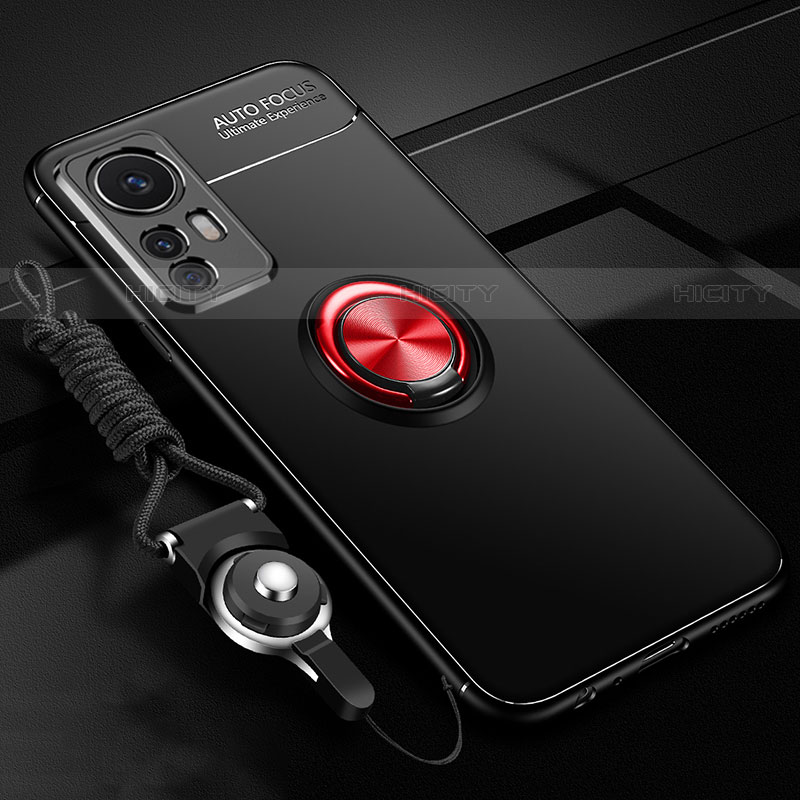 Funda Silicona Carcasa Ultrafina Goma con Magnetico Anillo de dedo Soporte A06 para Xiaomi Mi 12X 5G Rojo y Negro