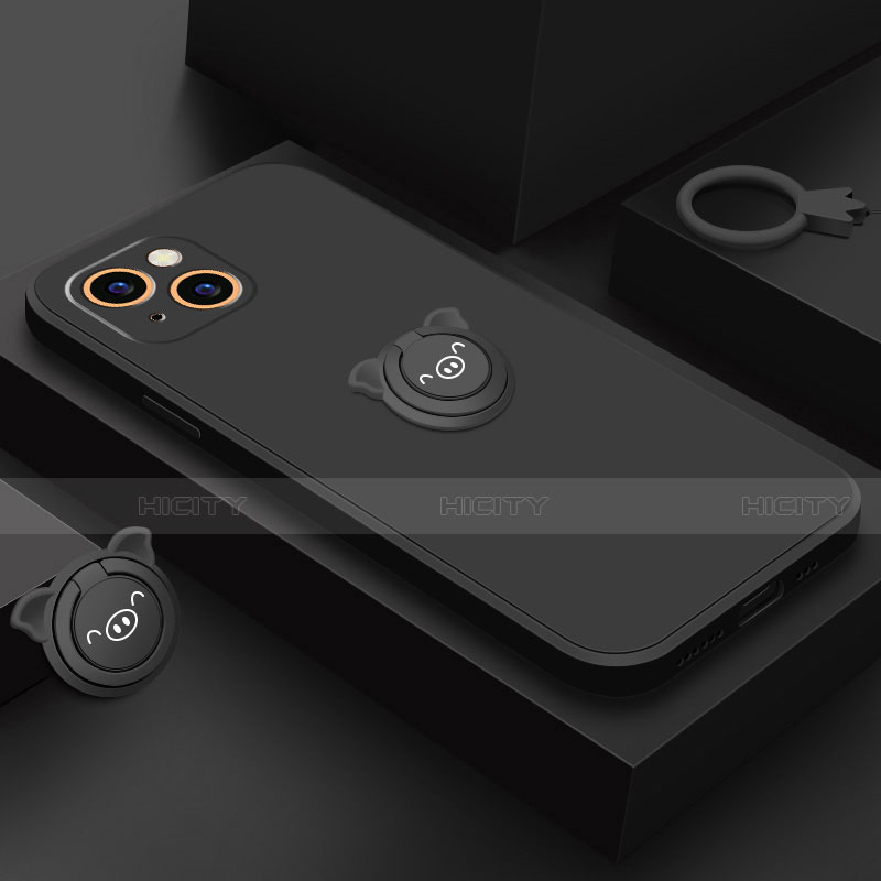 Funda Silicona Carcasa Ultrafina Goma con Magnetico Anillo de dedo Soporte A07 para Apple iPhone 13 Mini Negro