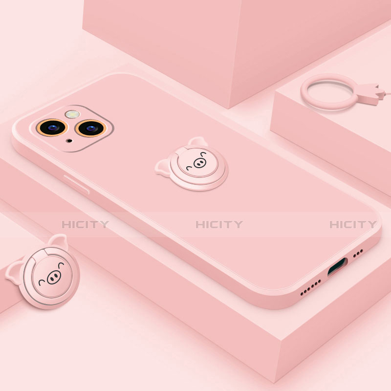 Funda Silicona Carcasa Ultrafina Goma con Magnetico Anillo de dedo Soporte A07 para Apple iPhone 14 Oro Rosa