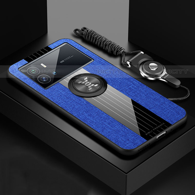 Funda Silicona Carcasa Ultrafina Goma con Magnetico Anillo de dedo Soporte A07 para Vivo iQOO 9 Pro 5G Azul